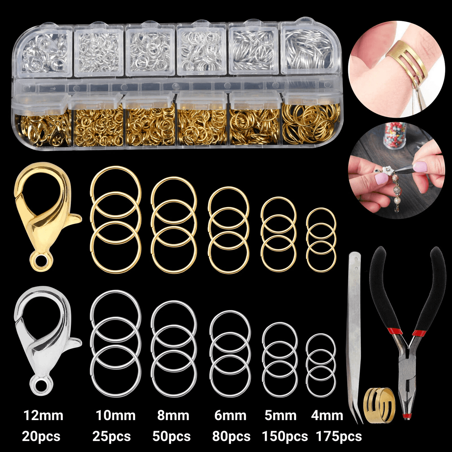 Lobster Claw Clasp For Necklace Bracelet Jewelry DIY Chain, Ring Hook Set with Open Jump Rings and Pliers Kit for Craft