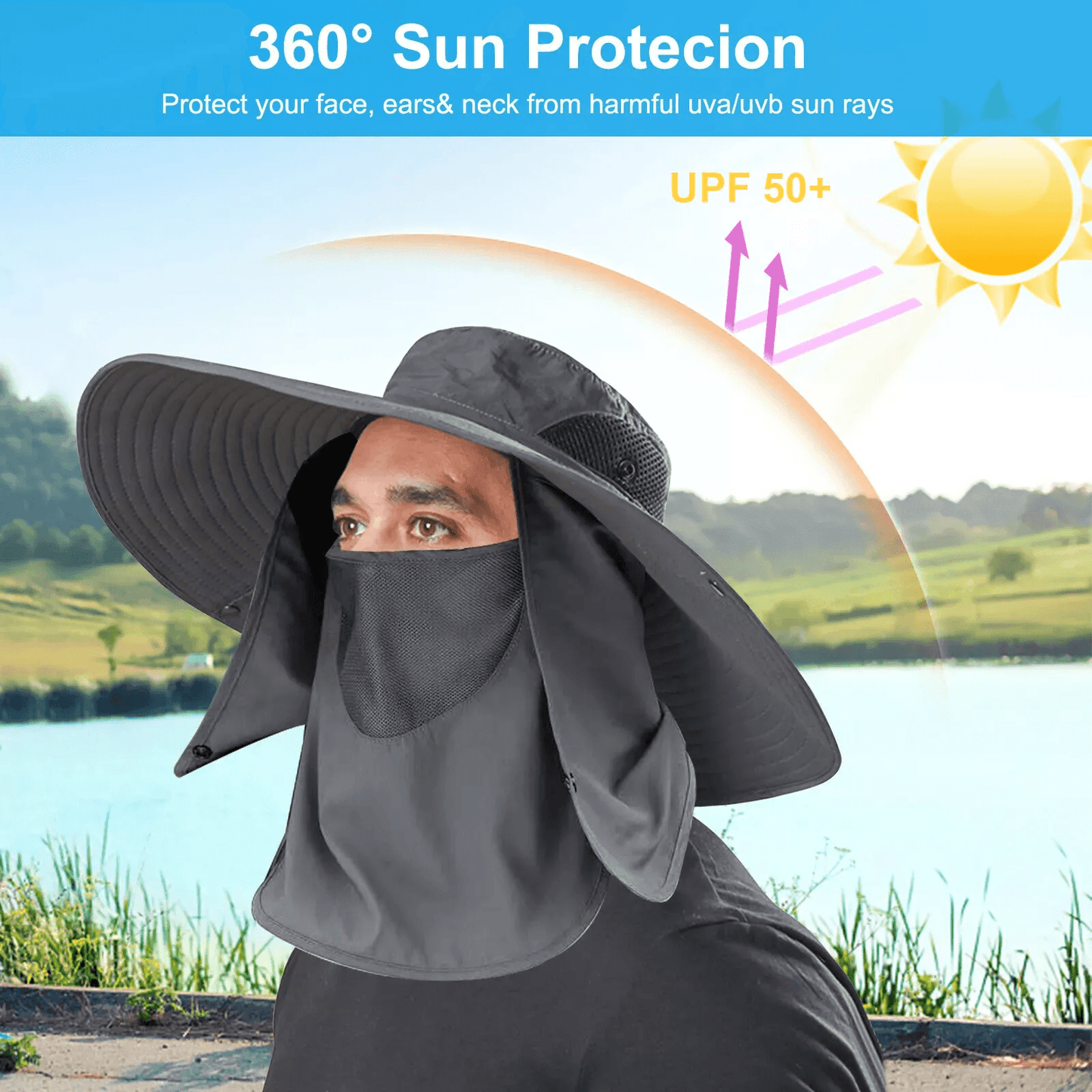 Outdoor Wide Brim Sun Hat UV Protection Neck Flap Hiking Fishing Travel Cap For Men Women 3