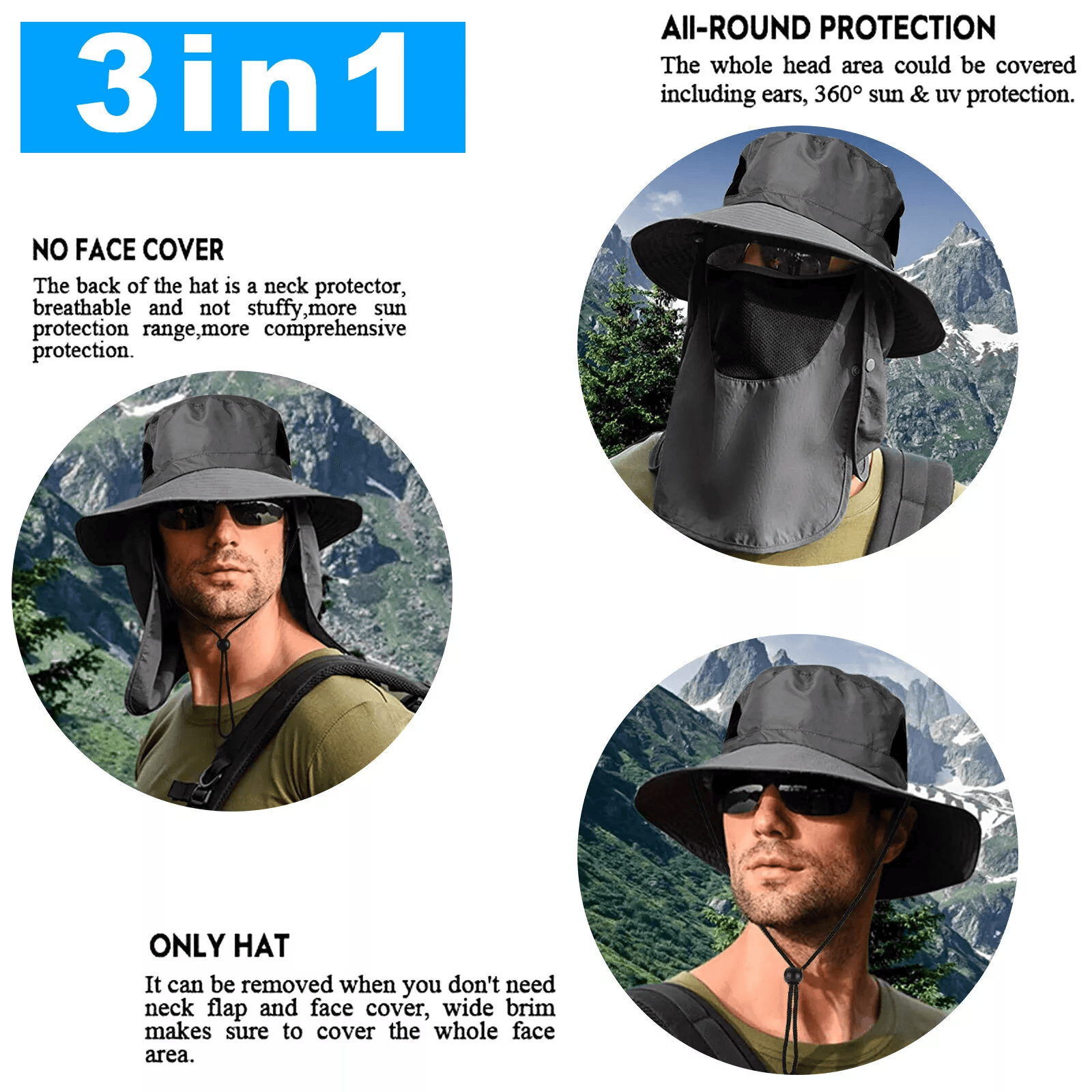 Outdoor Wide Brim Sun Hat UV Protection Neck Flap Hiking Fishing Travel Cap For Men Women 1