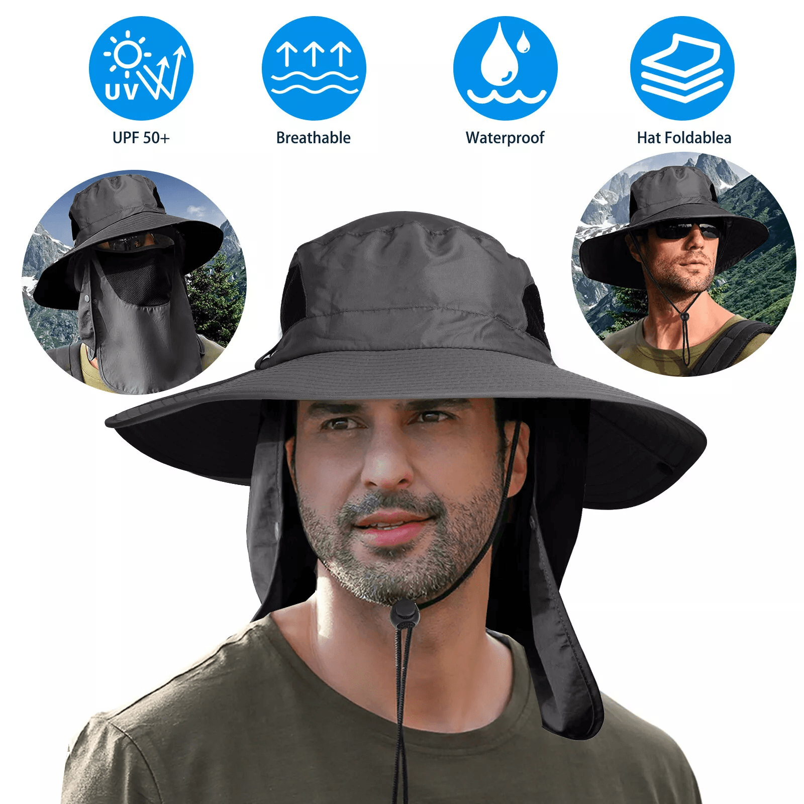 Outdoor Wide Brim Sun Hat UV Protection Neck Flap, Hiking, Fishing, Travel Cap for Men Women