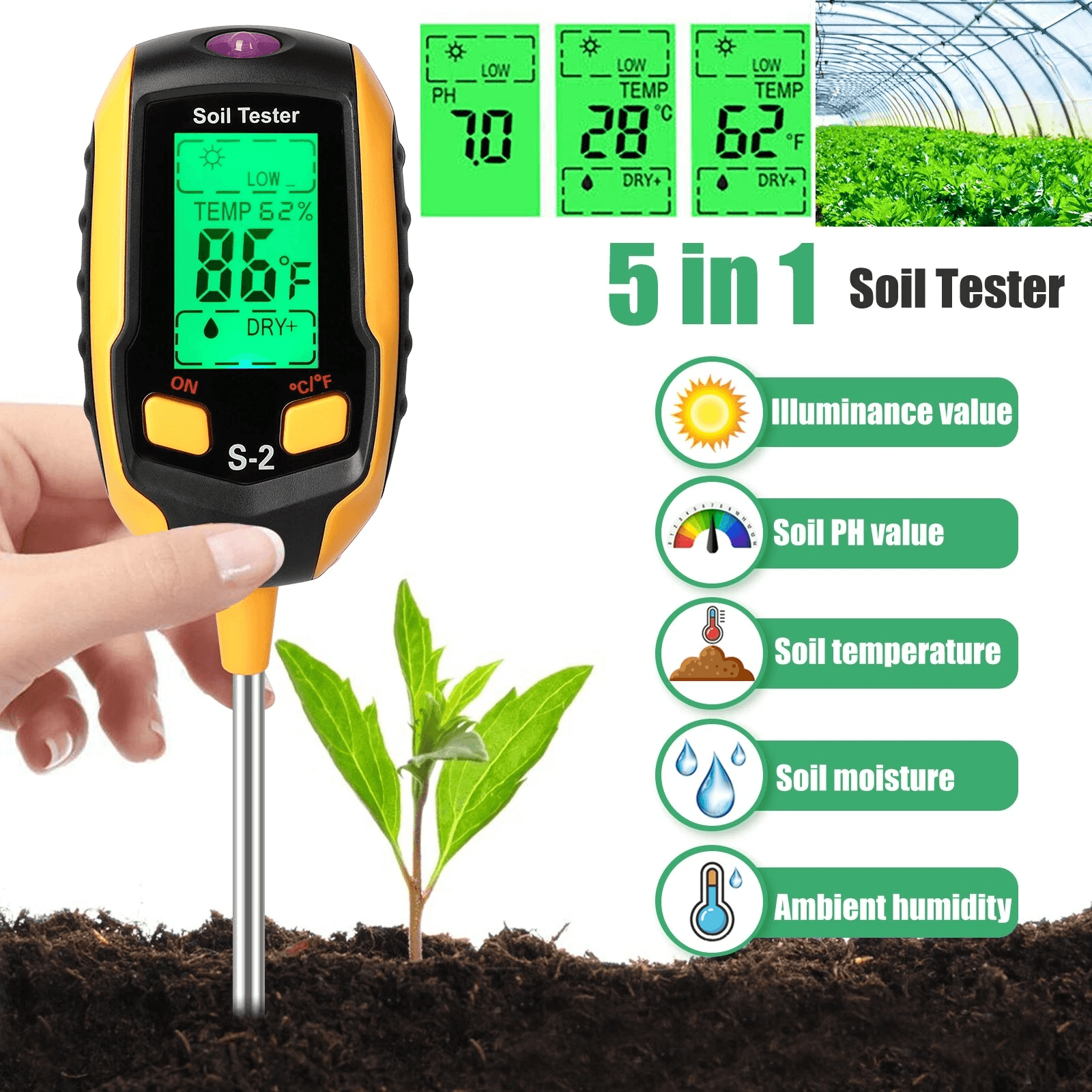 LCD Digital PH Soil Tester 5-in-1 Plant Lawn Moisture Temperature Test Meter for Garden, Farm, Potted Plants