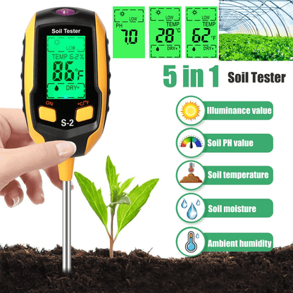 LCD Digital PH Soil Tester 5-in-1 Plant Lawn Moisture Temperature Test Meter for Garden, Farm, Potted Plants