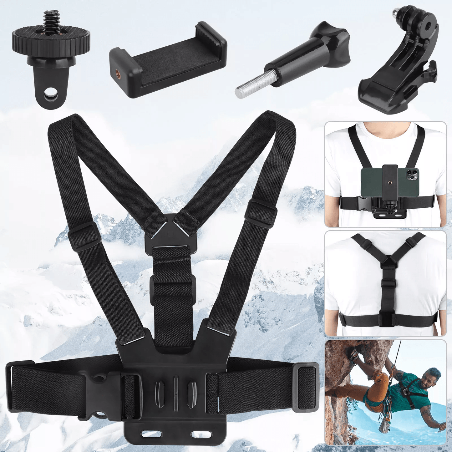 Adjustable Phone Holder Chest Strap Mount Accessories, Hands-Free POV Harness Kit for VLOG, Cycling, Skiing