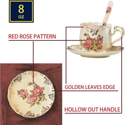Tea Cups and Saucers Set of 6, 8 Oz Vintage Floral Porcelain Tea Cups Set, Coffee Cups with Golden Rack