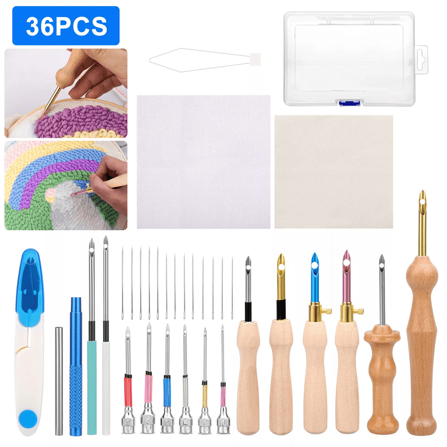 Punch Needle Embroidery Kit, Sewing Tool for Floss Cross Stitching Beginner with Wooden & Metal Handles, Monk's Cloth