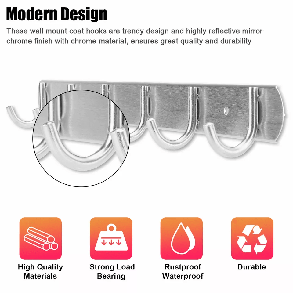 Wall Mounted Coat Hook Rack Chrome Hat Key Scarf Bag Hanger Organizer 1