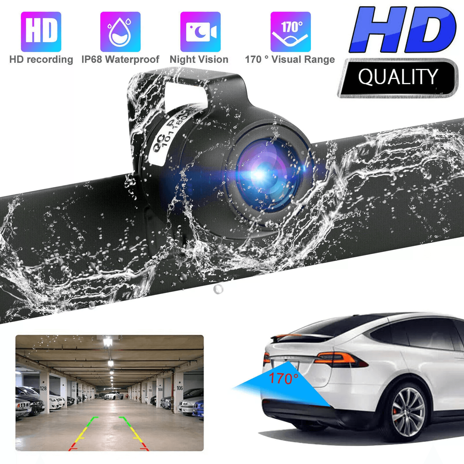 HD Car Reverse Backup Night Vision Camera, Waterproof Rear View Parking Cam for Trucks & Cars,Wide Angle, Easy Install