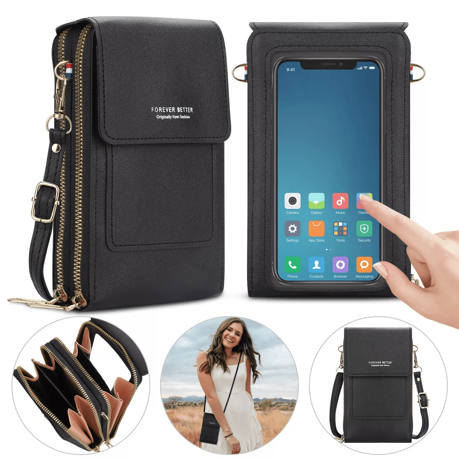 Women Touch Screen Cell Phone Bag, Crossbody Shoulder Pouch Purse with Card Case for Smartphones