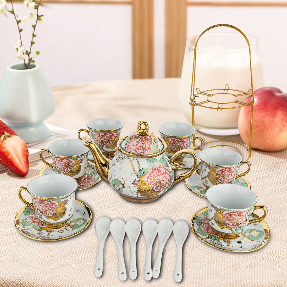 Premium Ceramics Tea Cup Set for Adults – 20 Pcs Coffee Cups with Stylish Metal Holder, Gold Accents