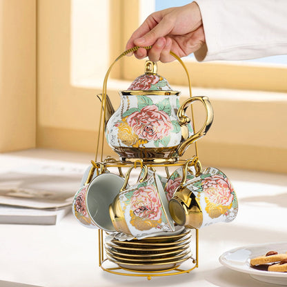 Premium Ceramics Tea Cup Set for Adults – 20 Pcs Coffee Cups with Stylish Metal Holder, Gold Accents