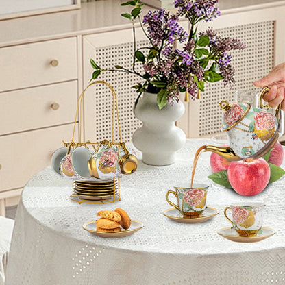 Premium Ceramics Tea Cup Set for Adults – 20 Pcs Coffee Cups with Stylish Metal Holder, Gold Accents