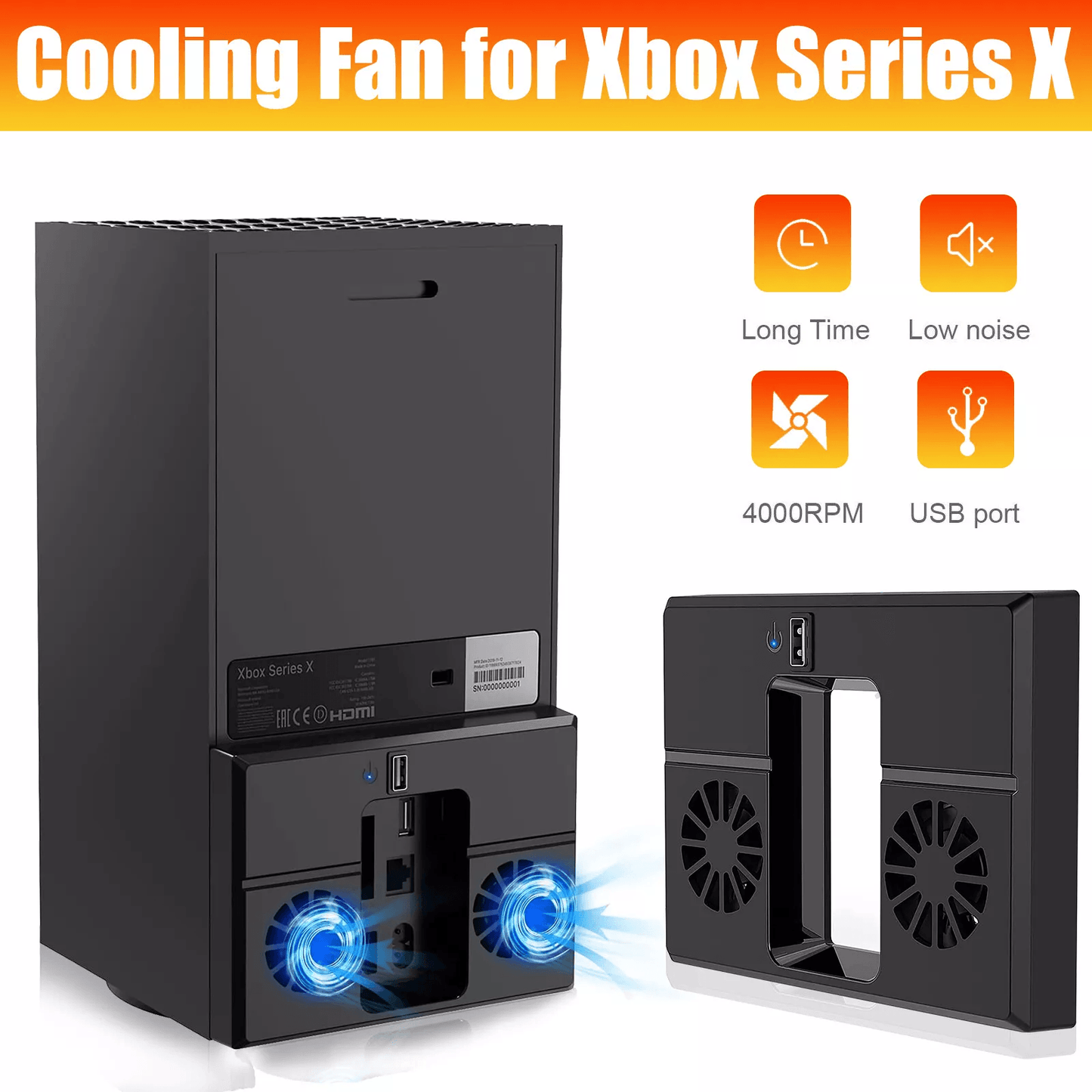 USB Cooling Fan Vertical Stand for Xbox Series X, Quiet Dual Fans Game Console Cooler Base Accessory