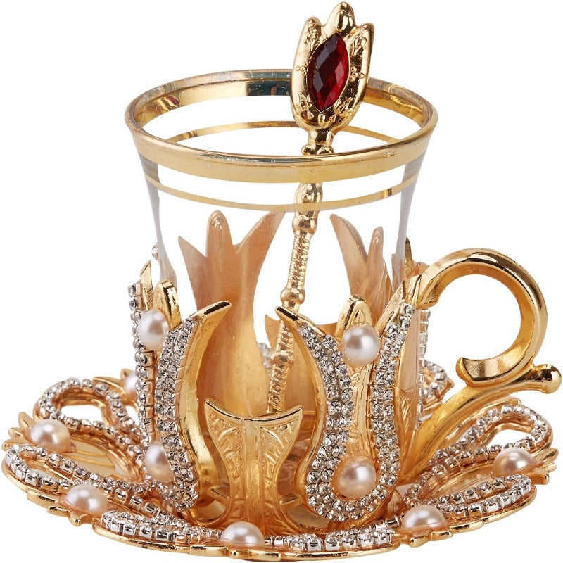 Luxury Tea & Coffee Glasses Set – Swarovski Crystals and Pearl Decorated Cups with Saucers & Spoons