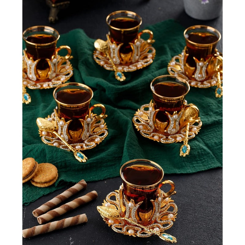 Luxury Tea & Coffee Glasses Set – Swarovski Crystals and Pearl Decorated Cups with Saucers & Spoons