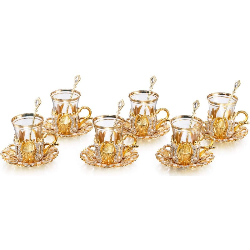 Luxury Tea & Coffee Glasses Set – Swarovski Crystals and Pearl Decorated Cups with Saucers & Spoons