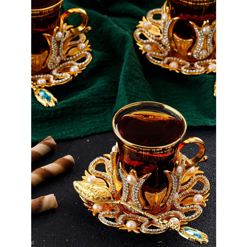 Luxury Tea & Coffee Glasses Set – Swarovski Crystals and Pearl Decorated Cups with Saucers & Spoons