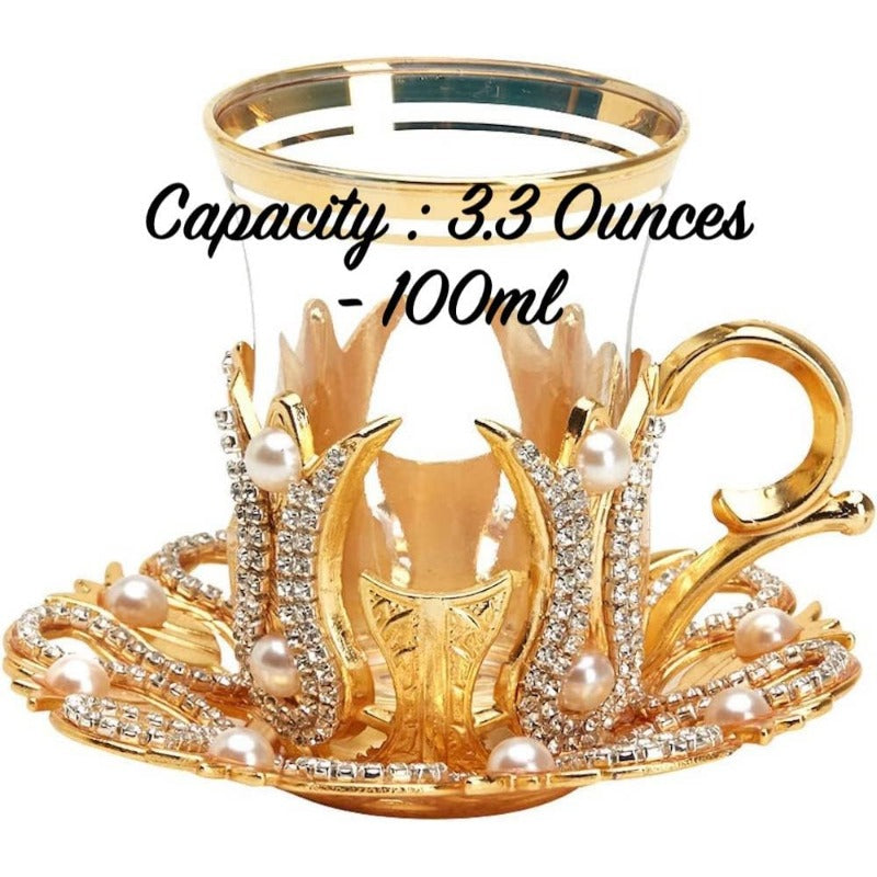 Luxury Tea & Coffee Glasses Set – Swarovski Crystals and Pearl Decorated Cups with Saucers & Spoons