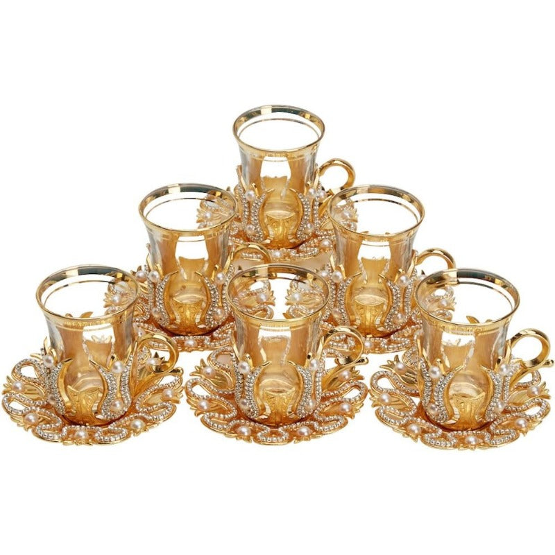 Luxury Tea & Coffee Glasses Set – Swarovski Crystals and Pearl Decorated Cups with Saucers & Spoons
