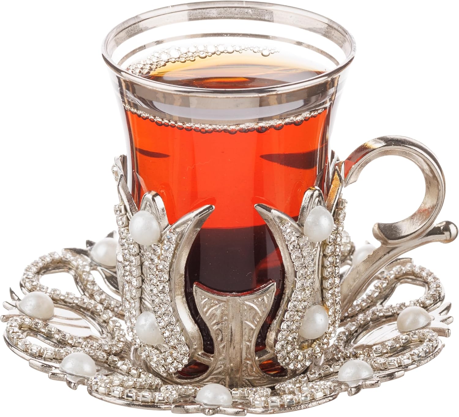 Luxury Tea & Coffee Glasses Set – Swarovski Crystals and Pearl Decorated Cups with Saucers & Spoons