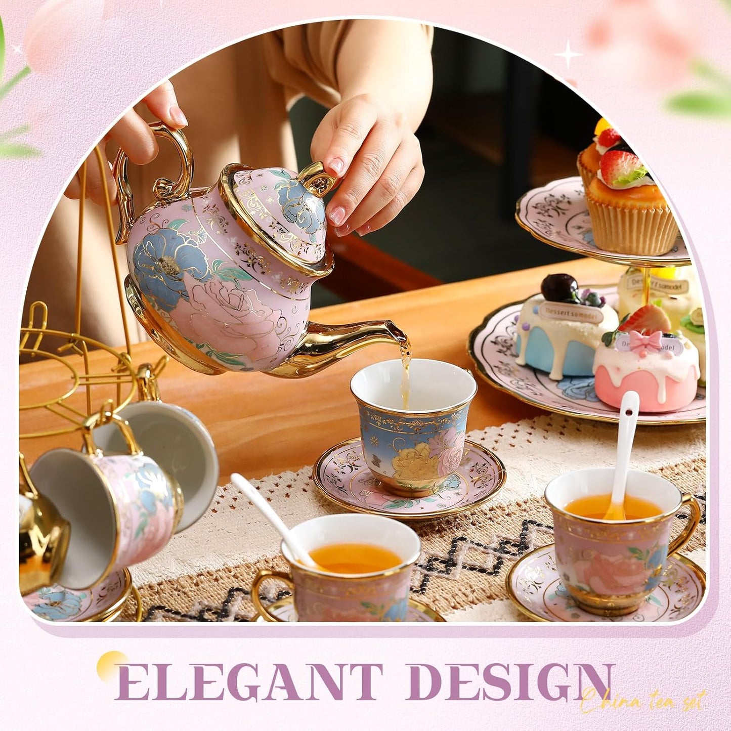 21-Piece Ceramic Tea Set with Metal Holder & Cupcake Stand – Elegant European Tea Pot, Cups, and Tiered Dessert Tower