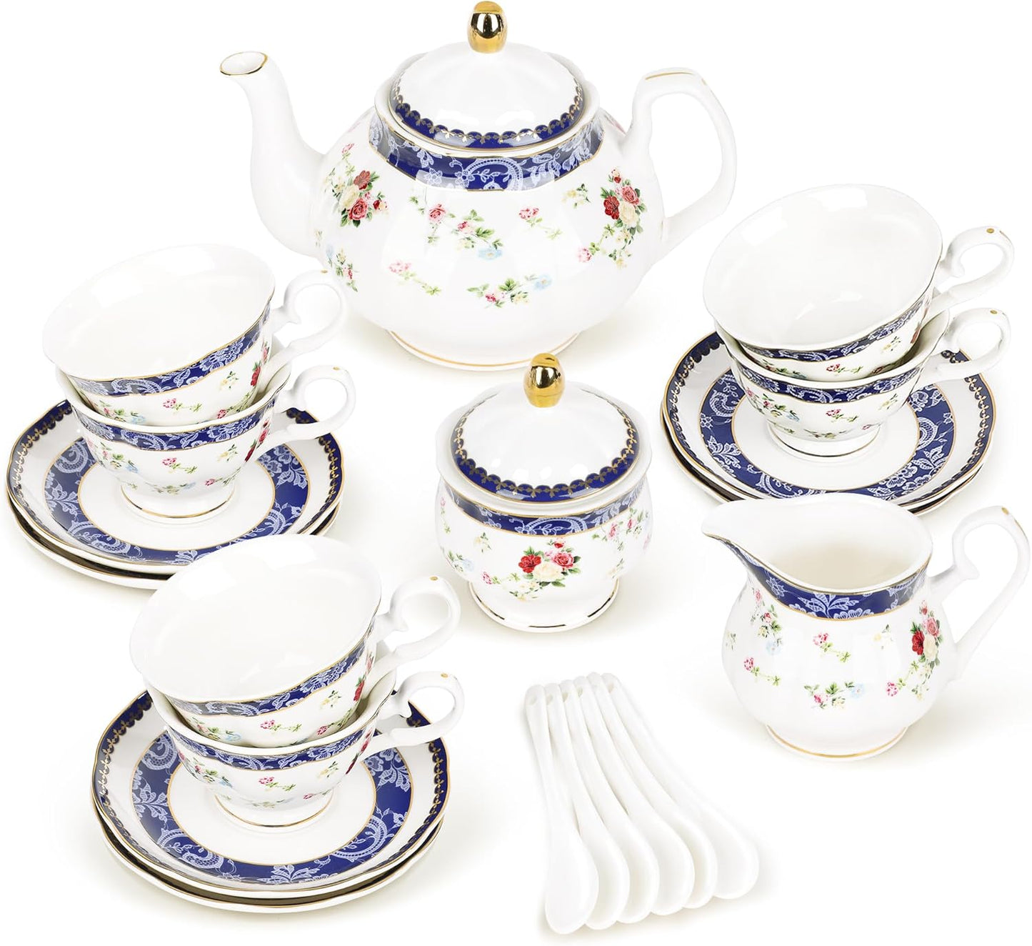 Elegant Porcelain Tea Sets For Adults  Floral Tea Cups Set Of 6 With Sugar Bowl  Creamer 6