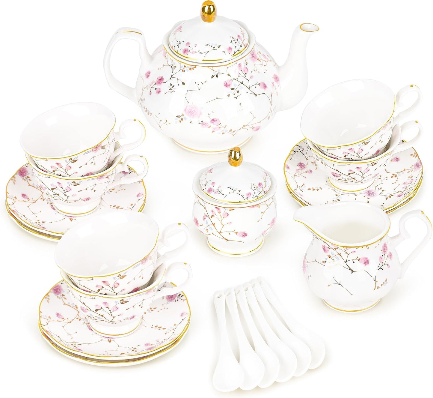 Elegant Porcelain Tea Sets For Adults  Floral Tea Cups Set Of 6 With Sugar Bowl  Creamer 8