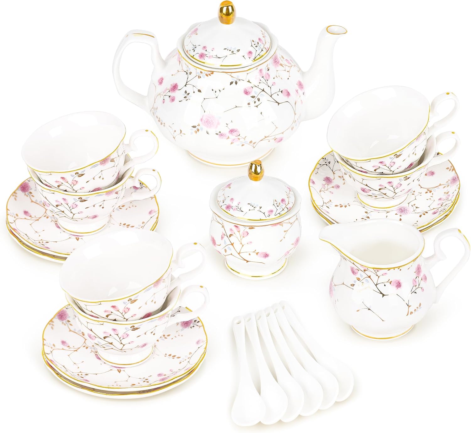 Elegant Porcelain Tea Sets For Adults  Floral Tea Cups Set Of 6 With Sugar Bowl  Creamer 8