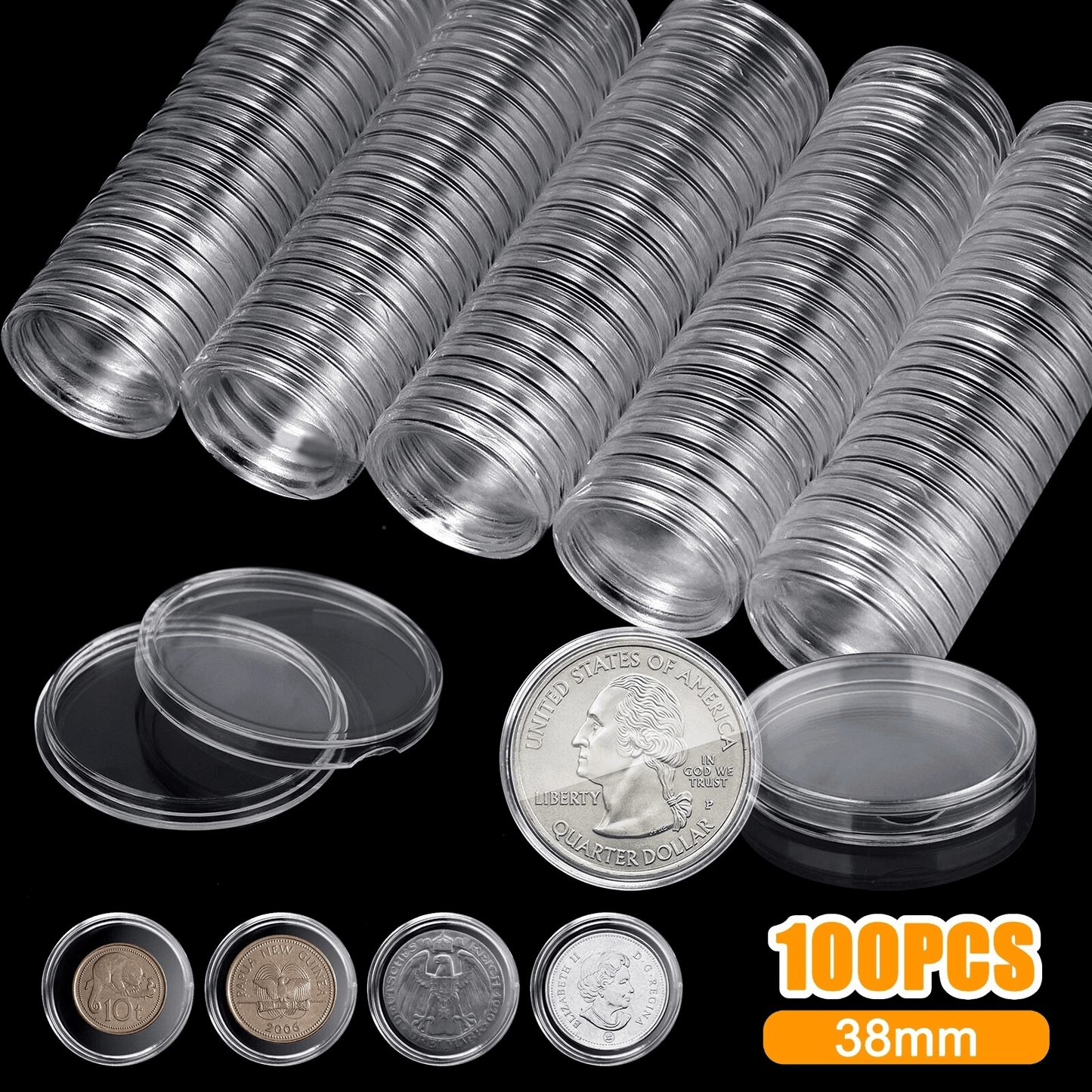 100pcs 38mm Coin Holder Capsule Storage Case for Morgan Peace Silver Dollar, Transparent Plastic Coin Collection Box