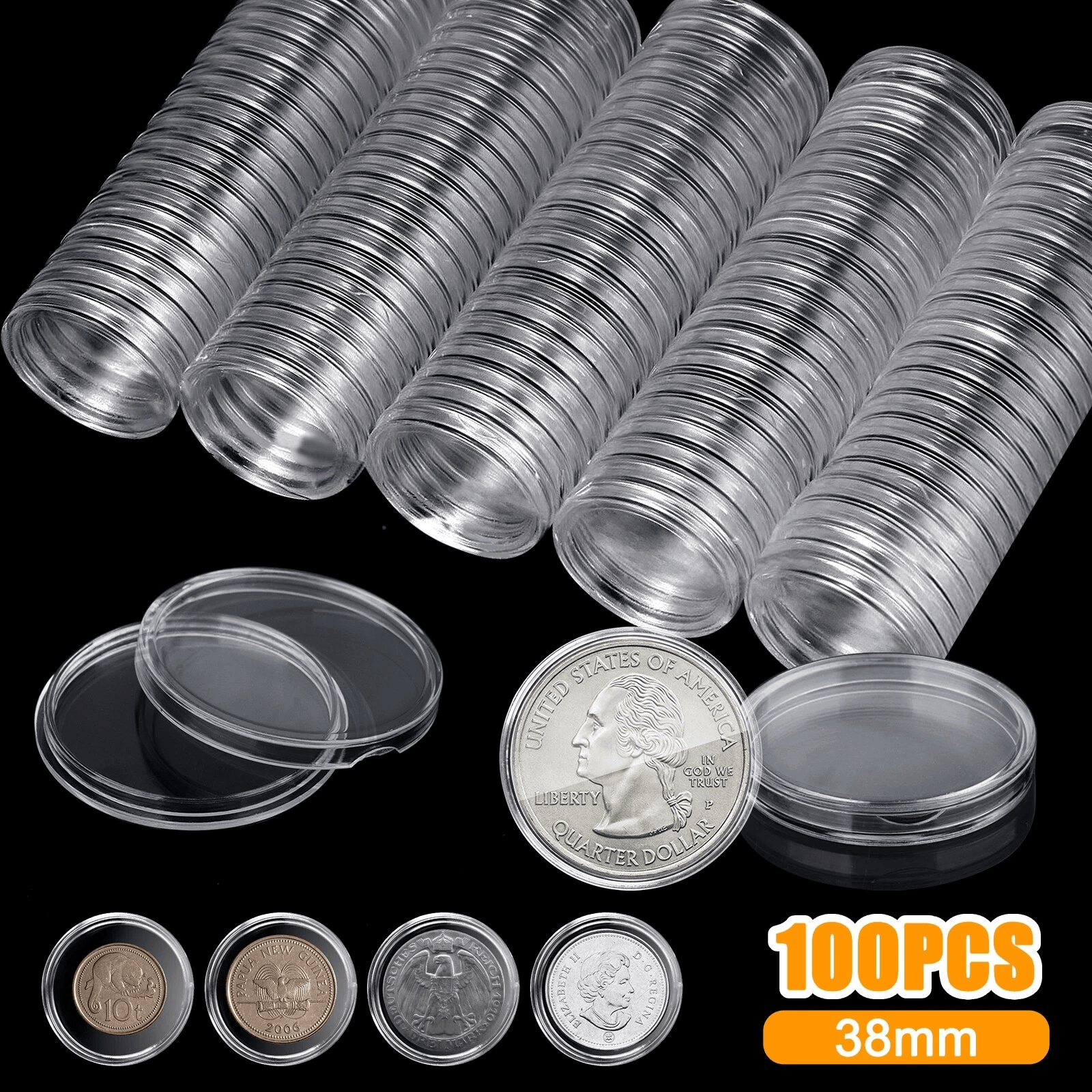 100pcs 38mm Coin Holder Capsule Storage Case for Morgan Peace Silver Dollar, Transparent Plastic Coin Collection Box