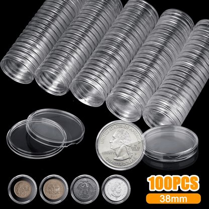 100pcs 38mm Coin Holder Capsule Storage Case for Morgan Peace Silver Dollar, Transparent Plastic Coin Collection Box