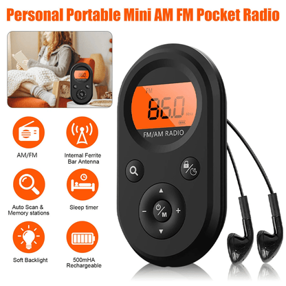 Rechargeable Portable Pocket Digital FM Radio, LCD Stereo Music & News Receiver with Earphones