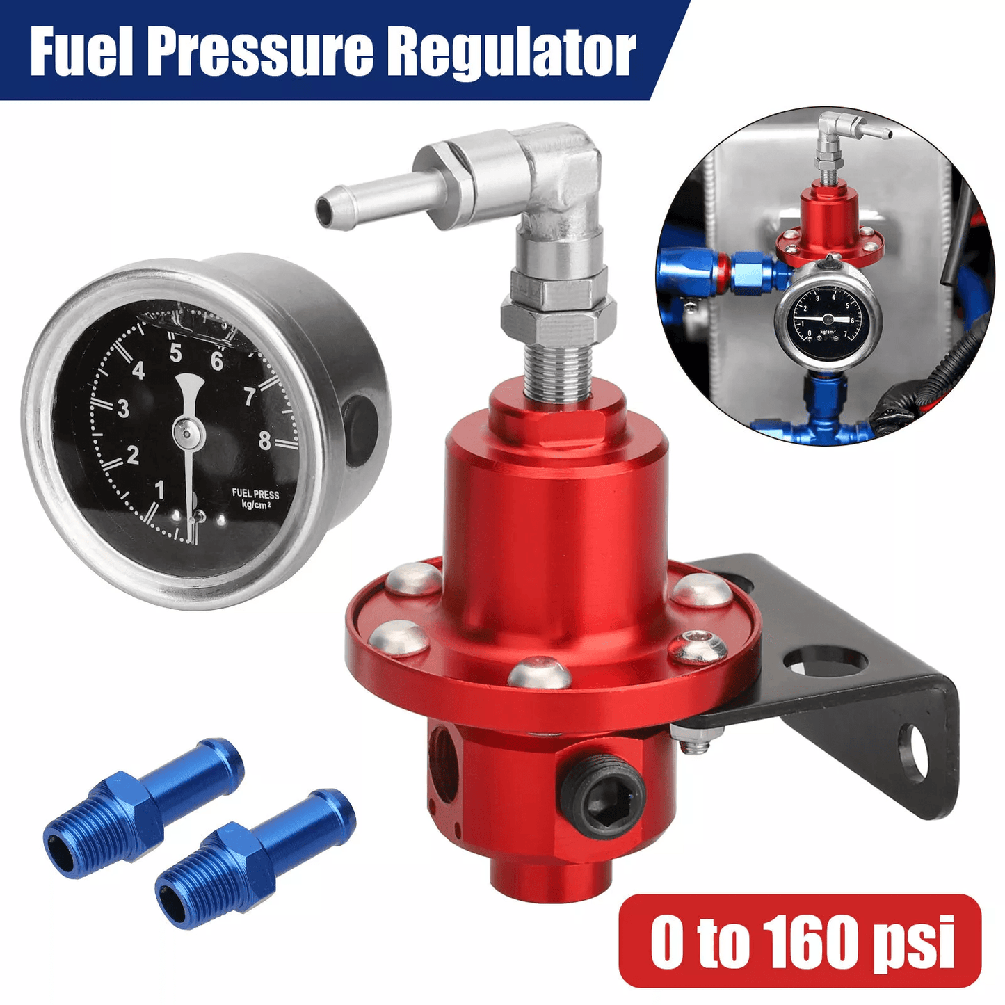 Universal Adjustable Car Fuel Pressure Regulator Kit with Oil-Filled Gauge, High Performance AluminumFuel Control system