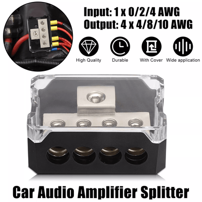1 In 4 Out Power Ground Distribution Block 0/2/4 Gauge Input Gauge Output for Car Audio Amp and Stereo System