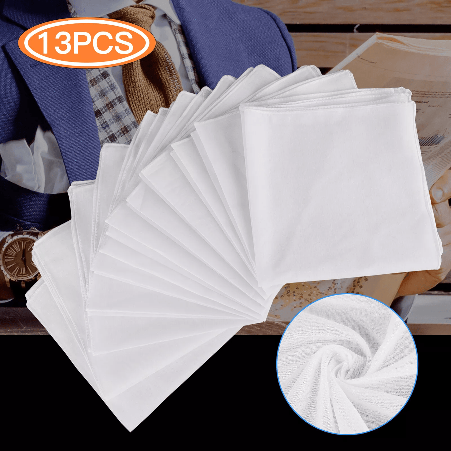 White Cotton Men Handkerchiefs, Vintage Square Hanky Pocket Lot Set for Gentlemen, Reusable Soft Hankies Gift