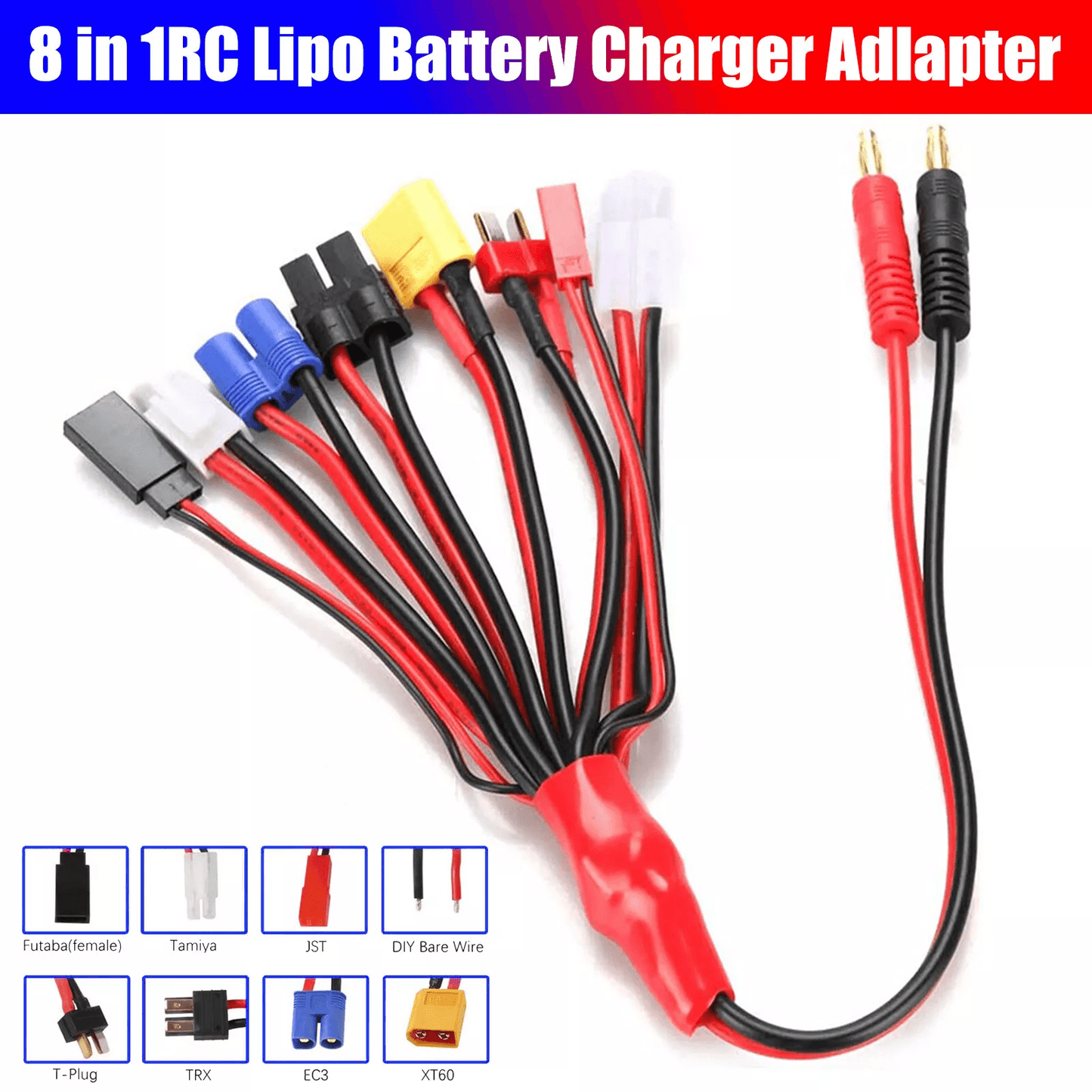 RC Charger Splitter Cable, Lipo Battery Connector Adapter with XT60, T-Plug, EC3, Tamiya & JST Leads