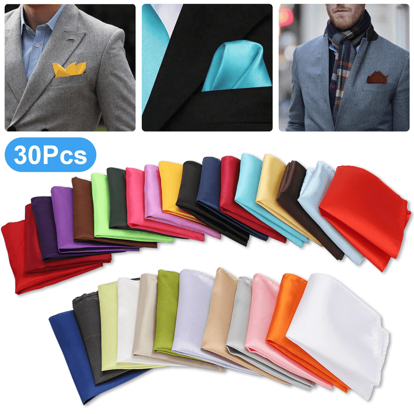 Men's Satin Silk Pocket Hankies, Solid Color Handkerchiefs for Weddings & Formal Wear