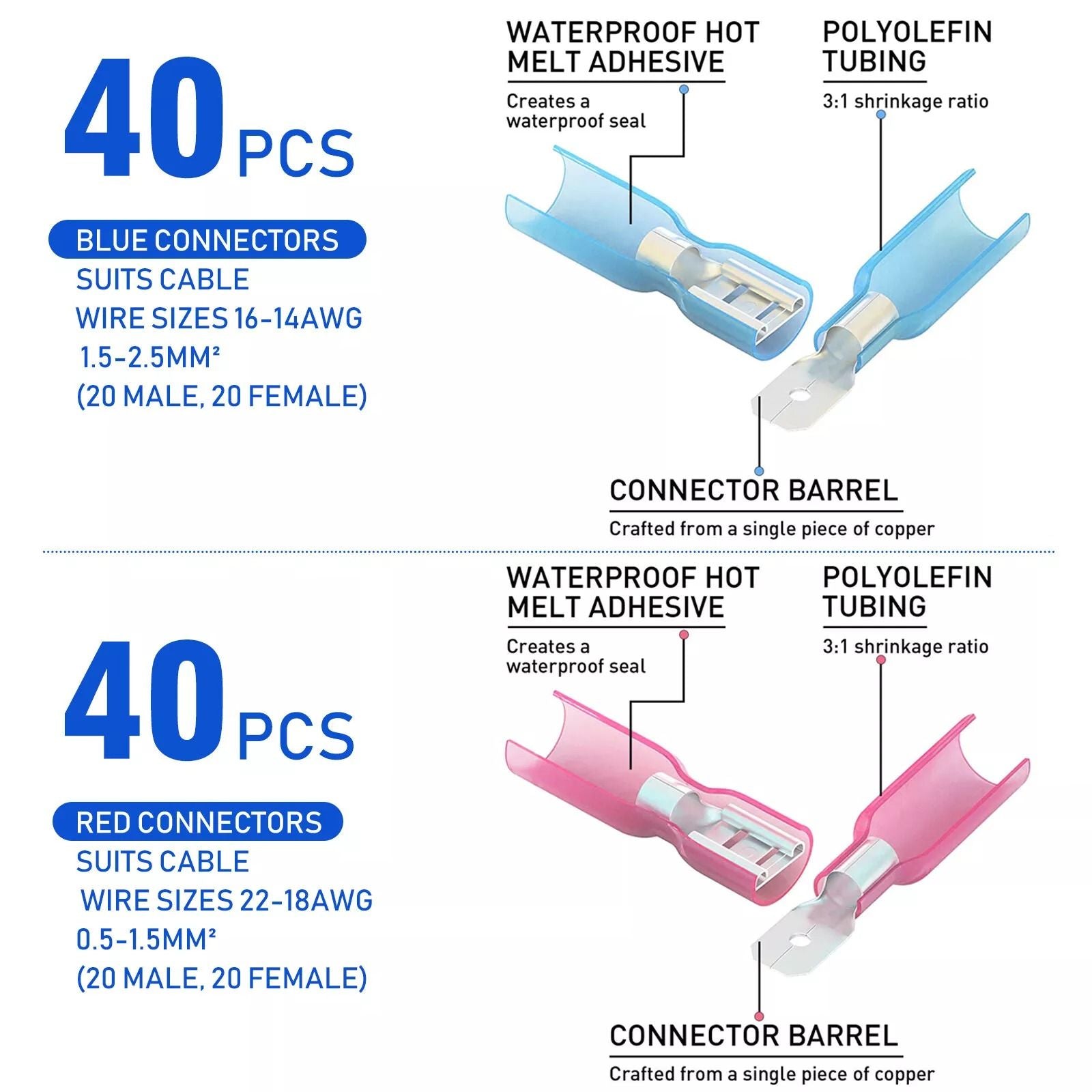 Electrical Heat Shrink Male  Female Spade Wire Connectors Waterproof Terminals Set 6