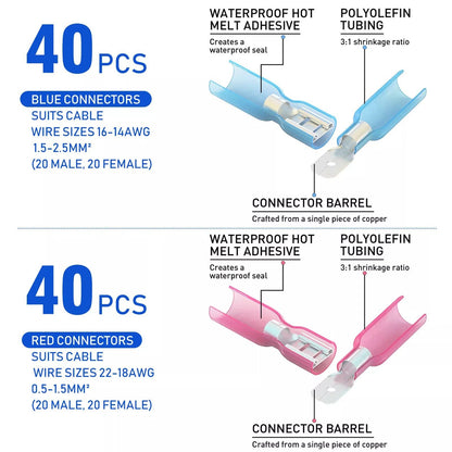 Electrical Heat Shrink Male  Female Spade Wire Connectors Waterproof Terminals Set 6