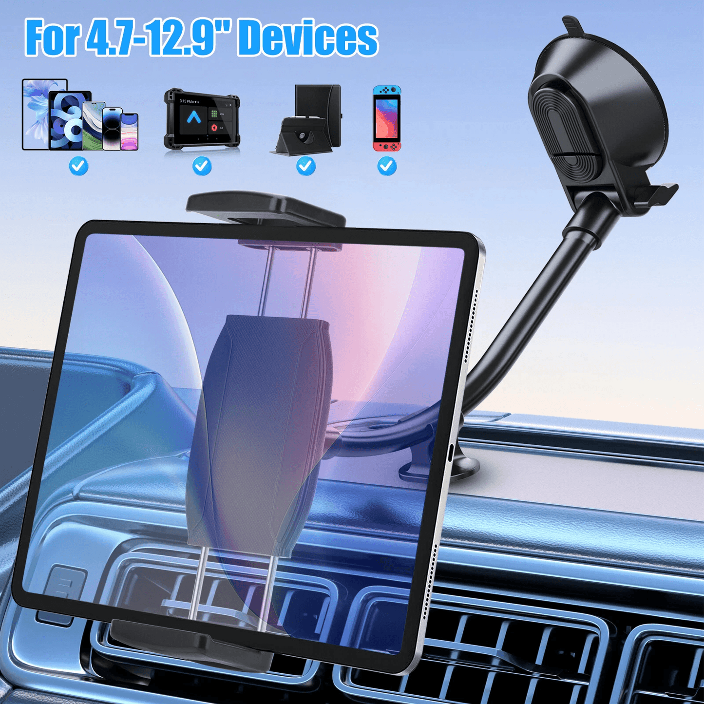 Car Tablet Holder for iPad & Phone, Dashboard Windshield Mount with Gooseneck Arm