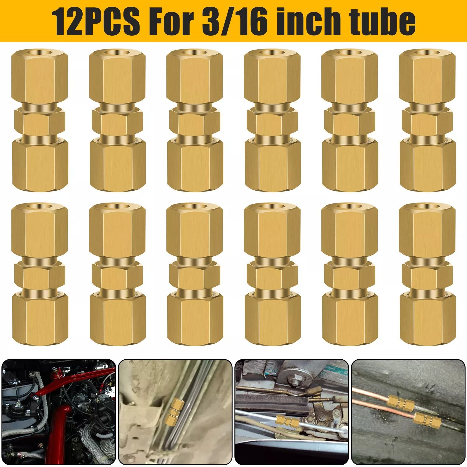 Straight Brass Brake Line Inverted Flare Union Heavy Duty 316 Tube Compression Fitting 12 Pack