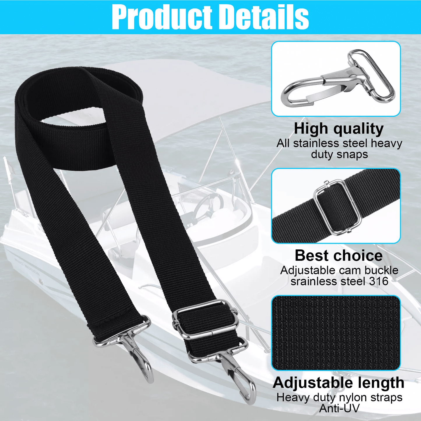 Adjustable Bimini Boat Top Straps With Stainless Steel Hooks Durable Marine Canopy TieDown Straps 5