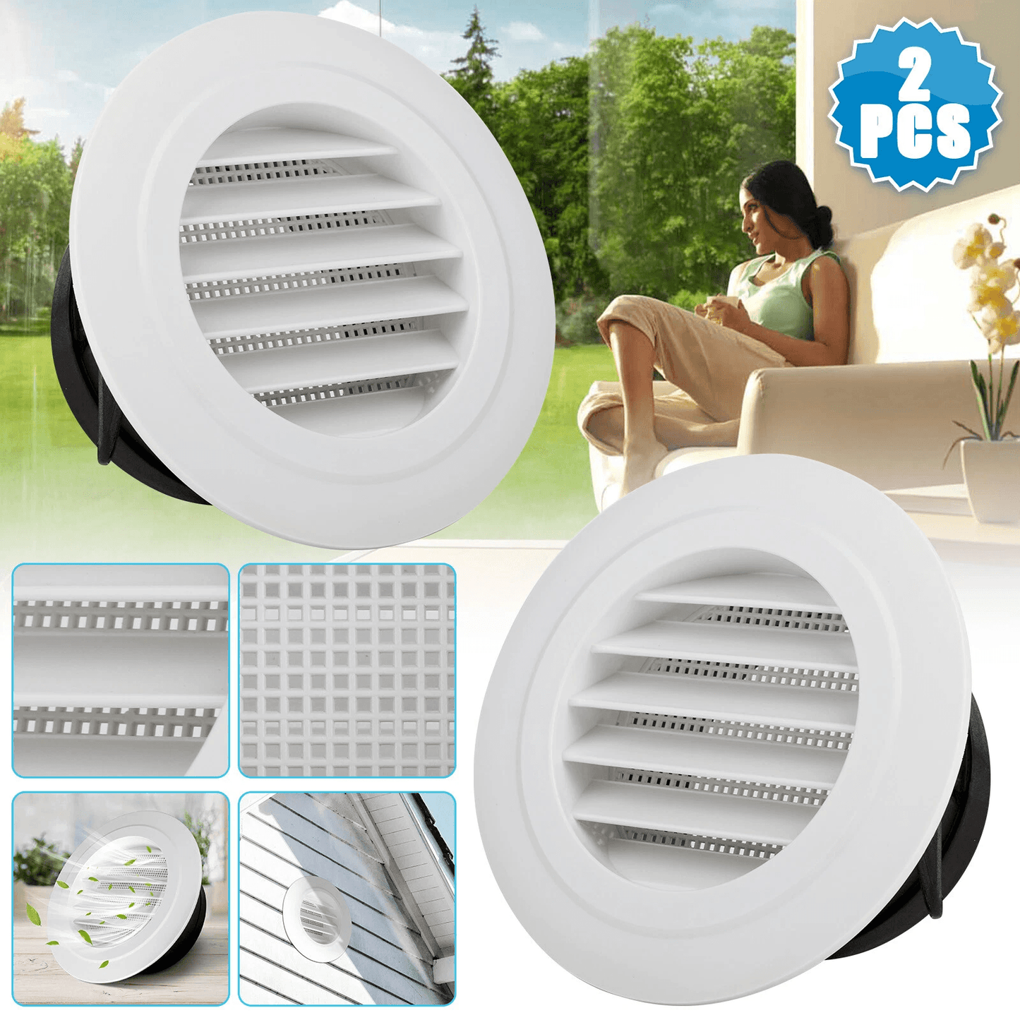 2 PCS Round Air Soffit Vents Oblique Louver Grille Cover with Fly Screen, ABS Plastic Ventilation Duct Cover for Kitchen