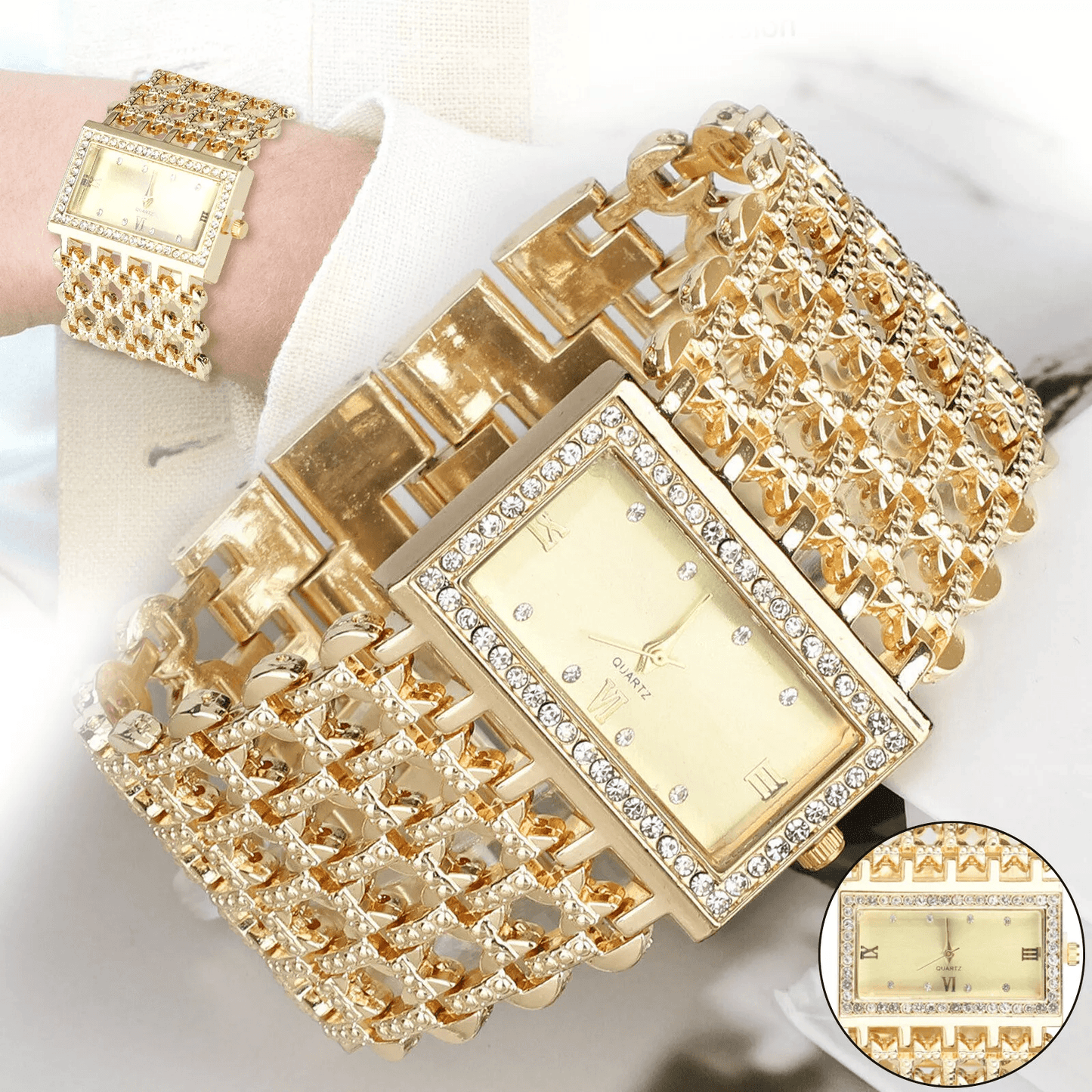 Luxury Womens Silver Gold Bracelet Watch, Fashion Waterproof Wrist Watch with Rhinestones, Elegant Gift for Ladies