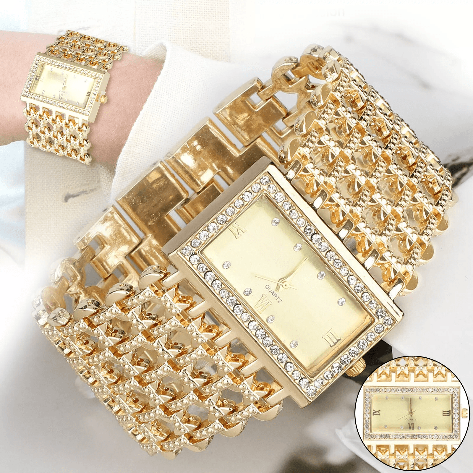 Luxury Womens Silver Gold Bracelet Watch, Fashion Waterproof Wrist Watch with Rhinestones, Elegant Gift for Ladies