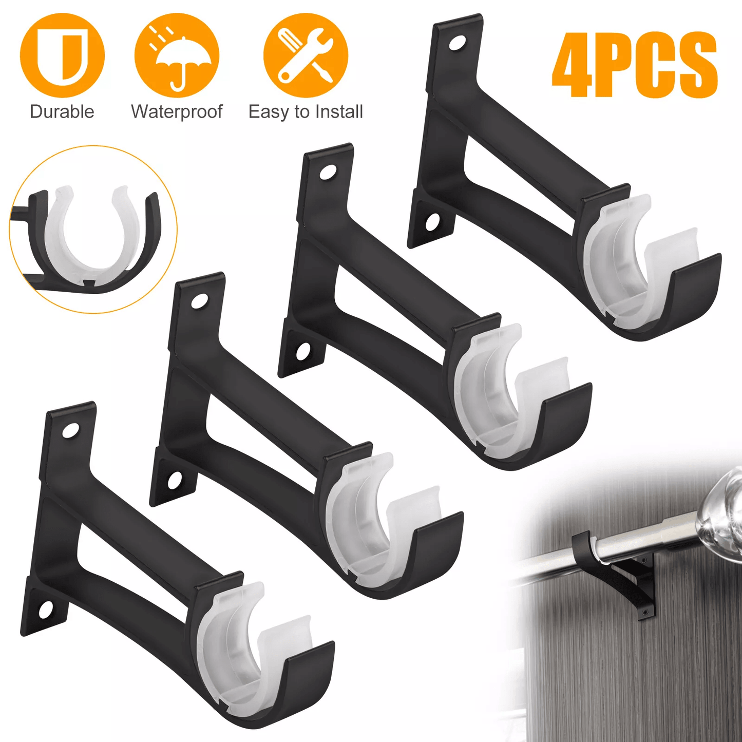 Aluminum Alloy Single Curtain Rod Brackets Window Wall Holders for Drapery, Heavy Duty Adjustable Black Curtain Support