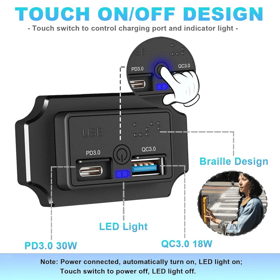 Car USB PD Socket Charger Adapter With Touch Switch  Braille 1
