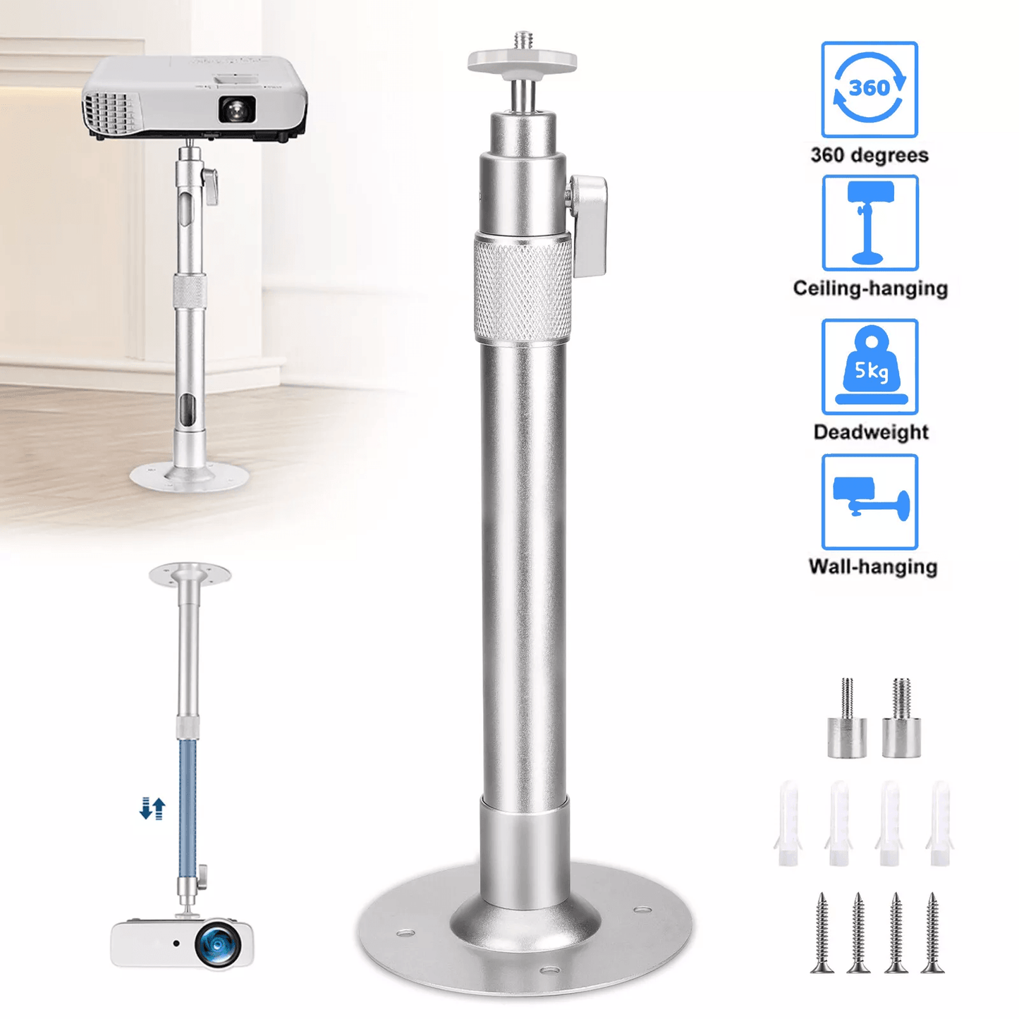 Universal 360 Swivel Mini Projector Ceiling Wall Mount Holder, Adjustable Bracket for HD LCD DLP Projectors upto 11 lbs