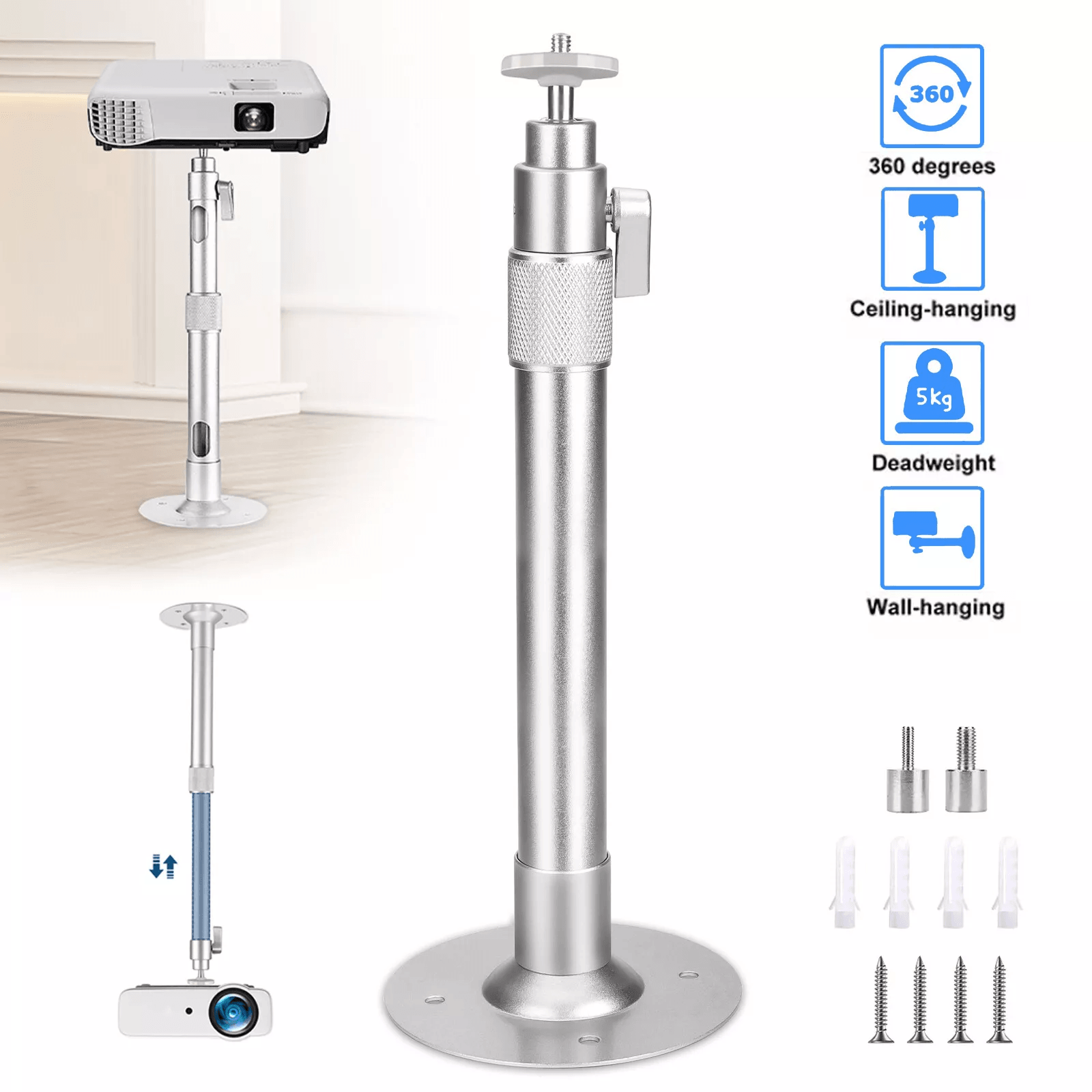 Universal 360 Swivel Mini Projector Ceiling Wall Mount Holder, Adjustable Bracket for HD LCD DLP Projectors upto 11 lbs