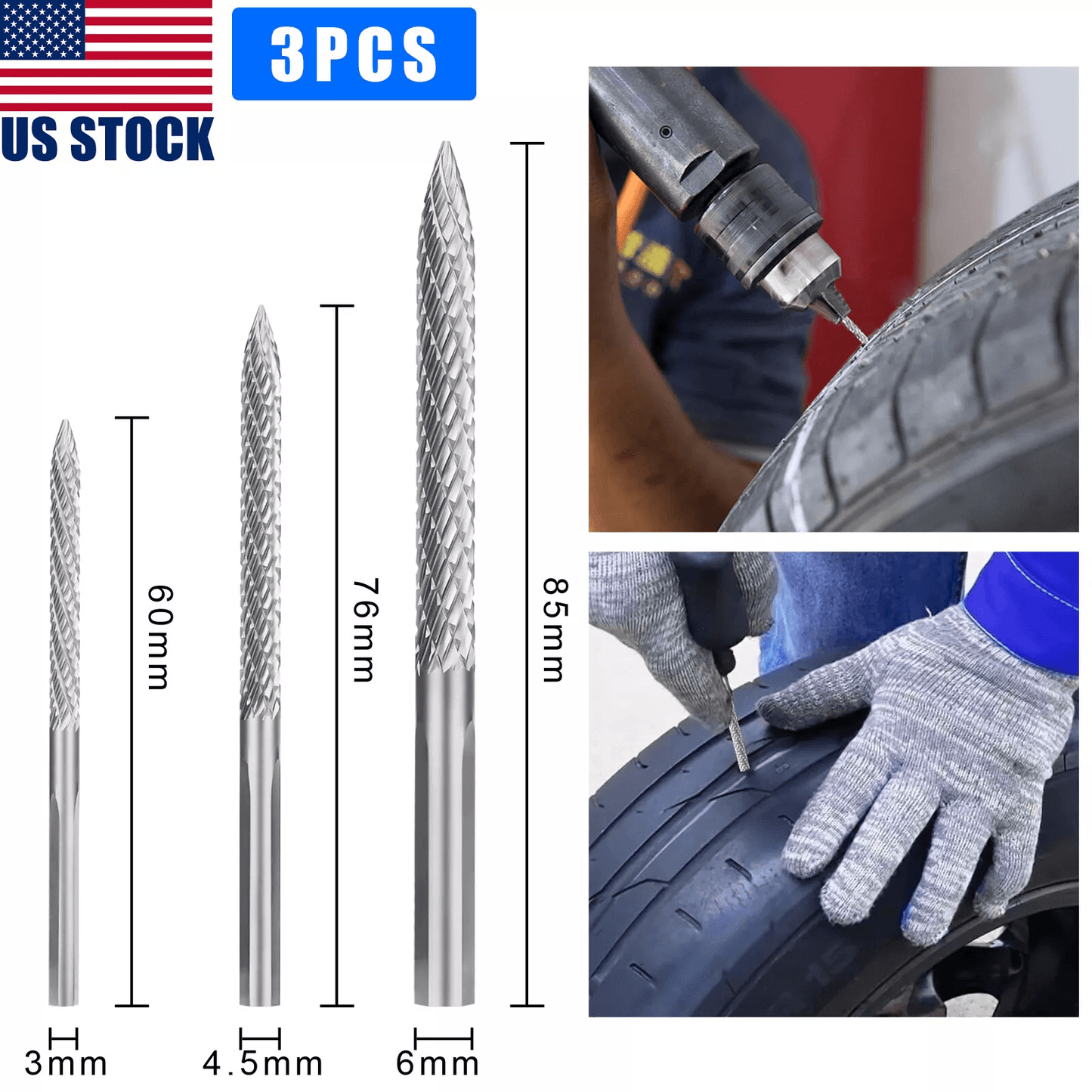 Tire Repair Carbide Burr Drill Bit Cutter, Tyre Patch Plug Tool Kit for Efficient Tire Puncture Fix and Rubber Removal