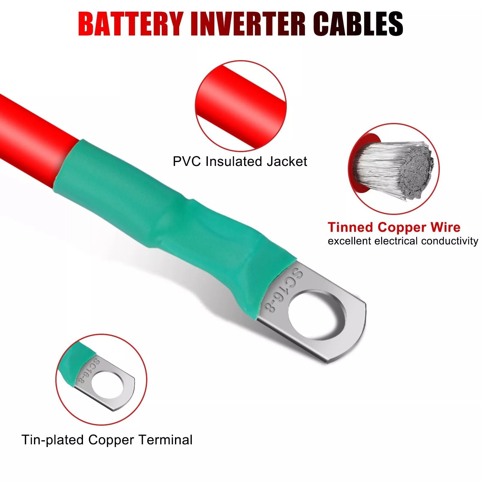 6 AWG Marine Battery Cables 12V 30CM with 516 Tinned Copper Lugs